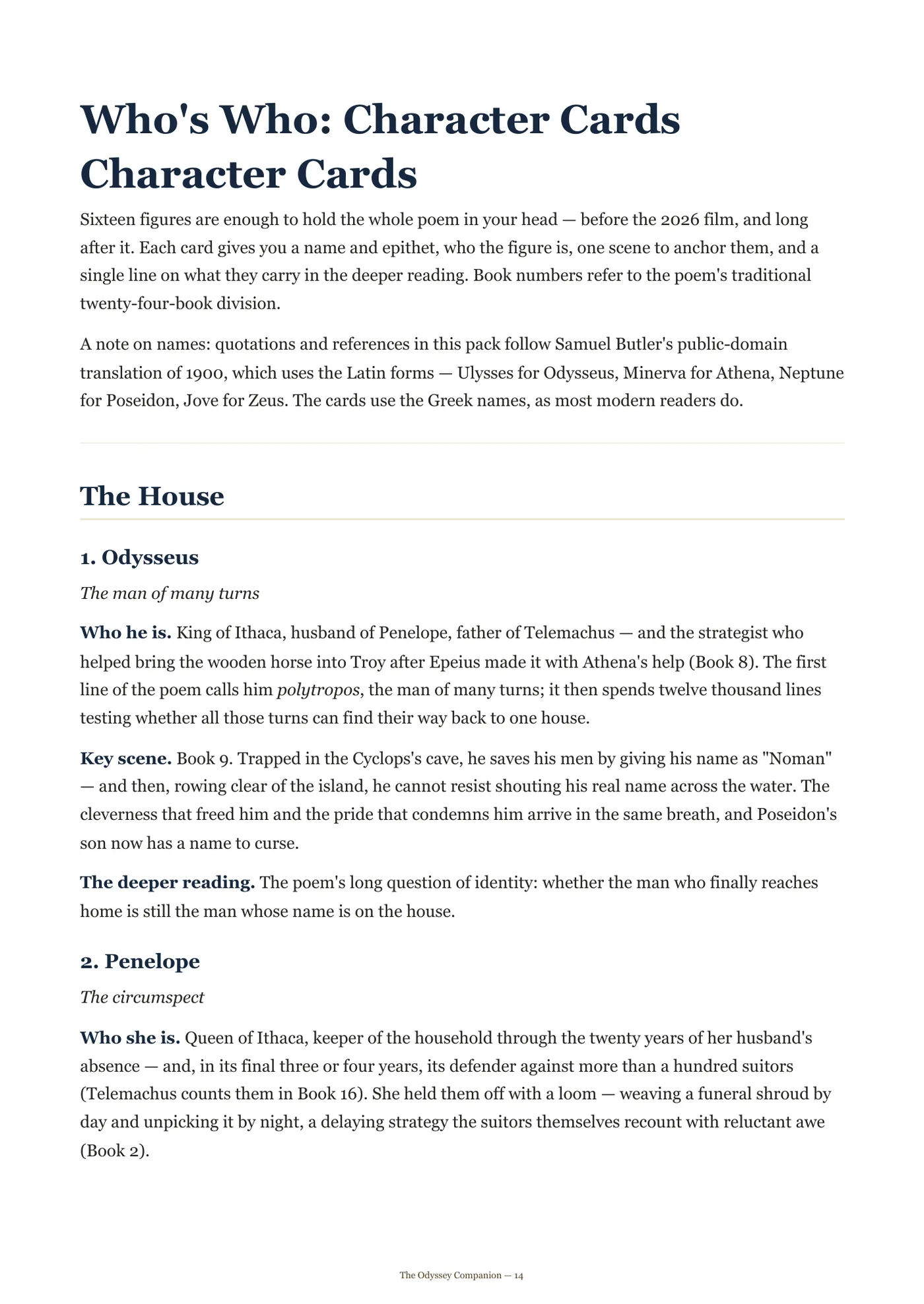 The Who's Who character cards — who each person is, their key scene, and the deeper reading