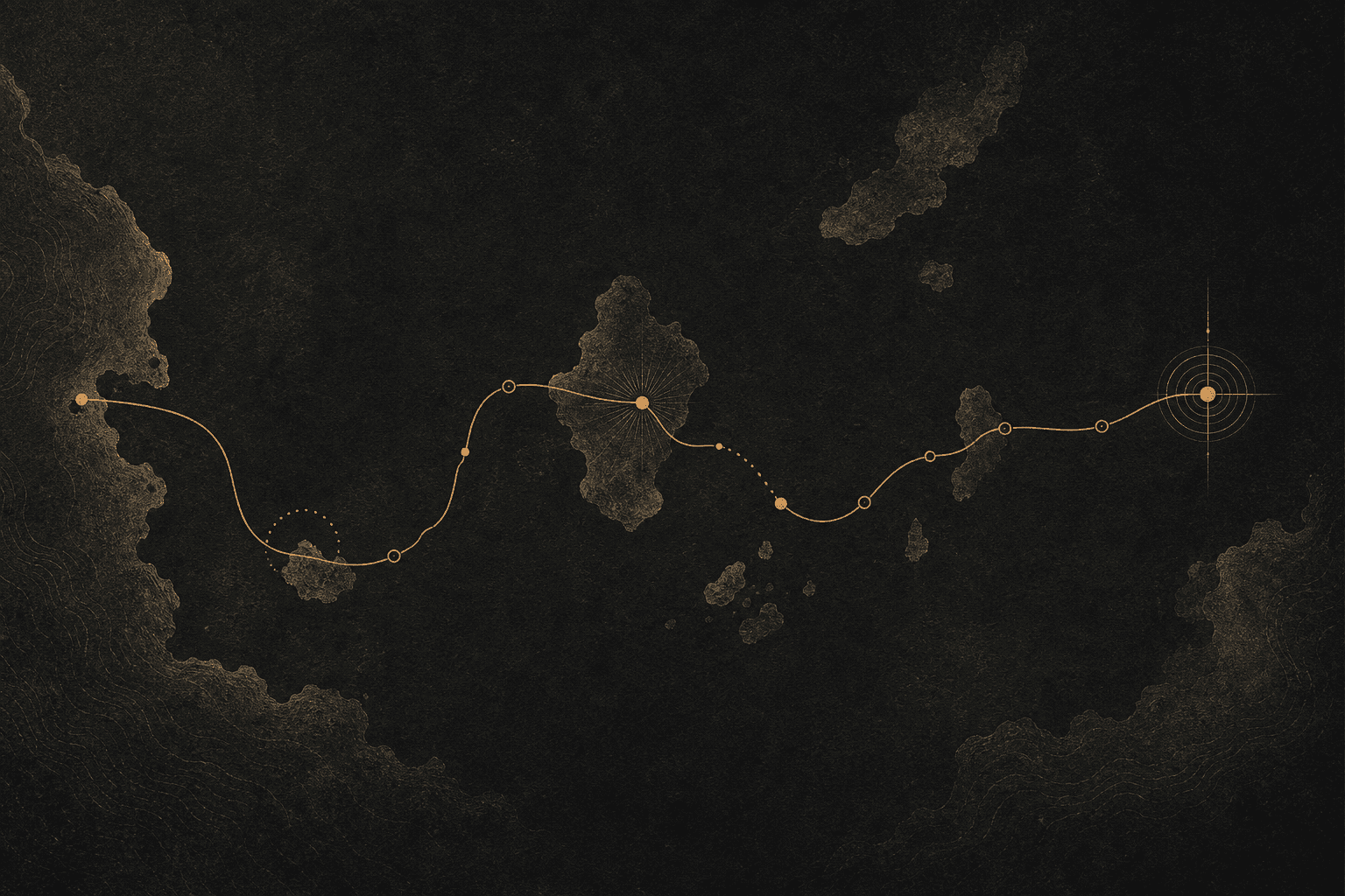 A muted bronze return line crossing dark abstract islands