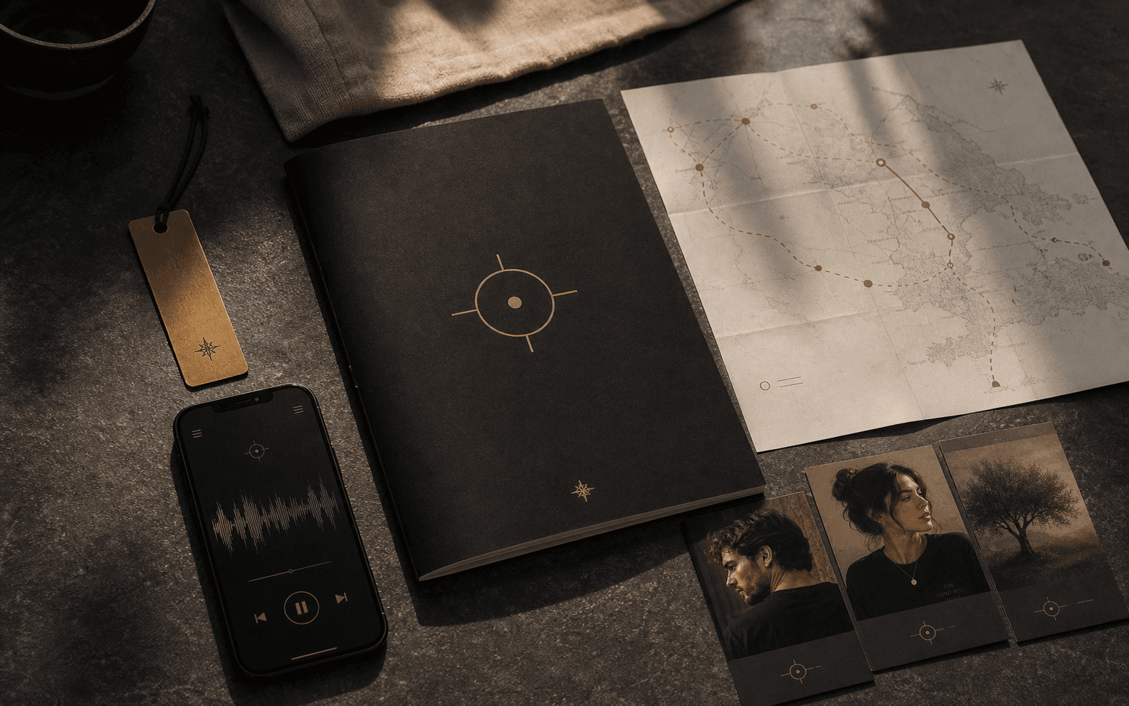 The Odyssey Home Pack as a dark booklet, journey map, audio guide, and cards