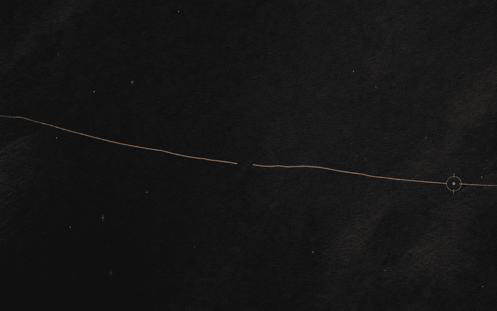 A minimal bronze return line and Ithaca mark on dark textured paper