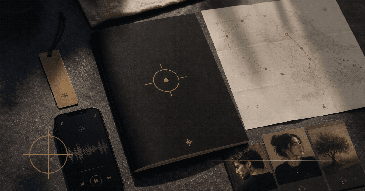 The Odyssey Home Pack arranged as a dark literary reading object with map and companion materials