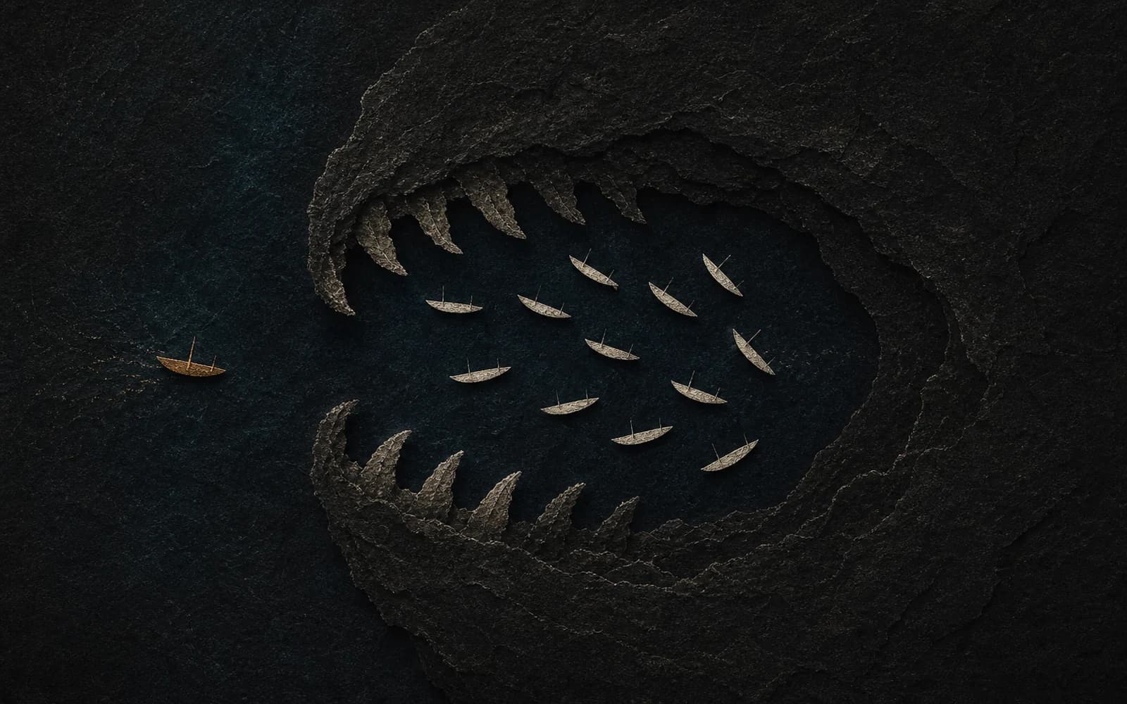 Cannibal giants spearing the trapped ships in a narrow harbor.