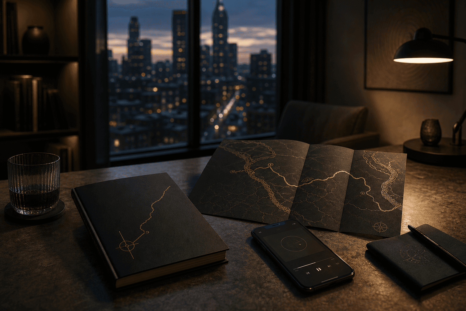 A modern city-evening desk with a dark companion booklet and abstract return map